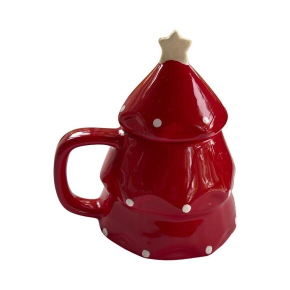 Rae Dunn JOY Holiday Tree Shaped Mug w/Star Topper Red & White Ceramic Set NWOT - Picture 4 of 6